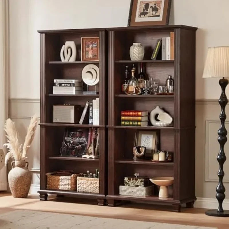 SAVOR LIFE 70" Tall Walnut Bookshelf,5 Tier Wooden Book Shelf with Adjustable Shelves & Wood Legs,Free Standing Farmhouse
