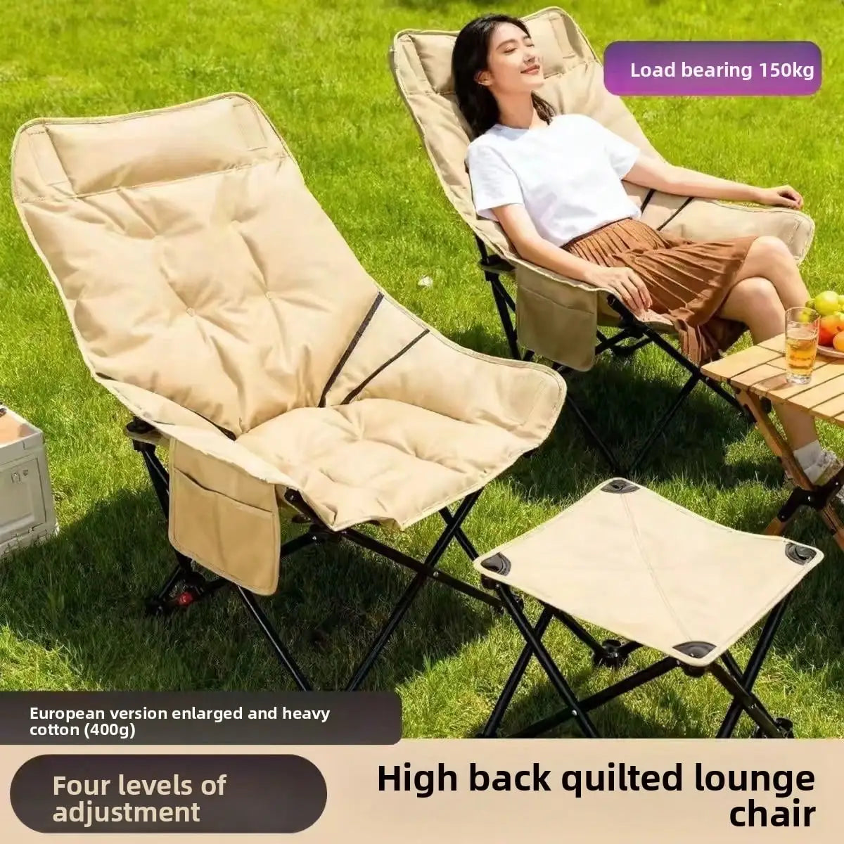 Outdoor Folding Chair, Camping Essential Chair, Folding Stool, Adjustable Angle, Padded, Extremely Comfortable, Garden Leisure Chair, Sand Difficult Chair,