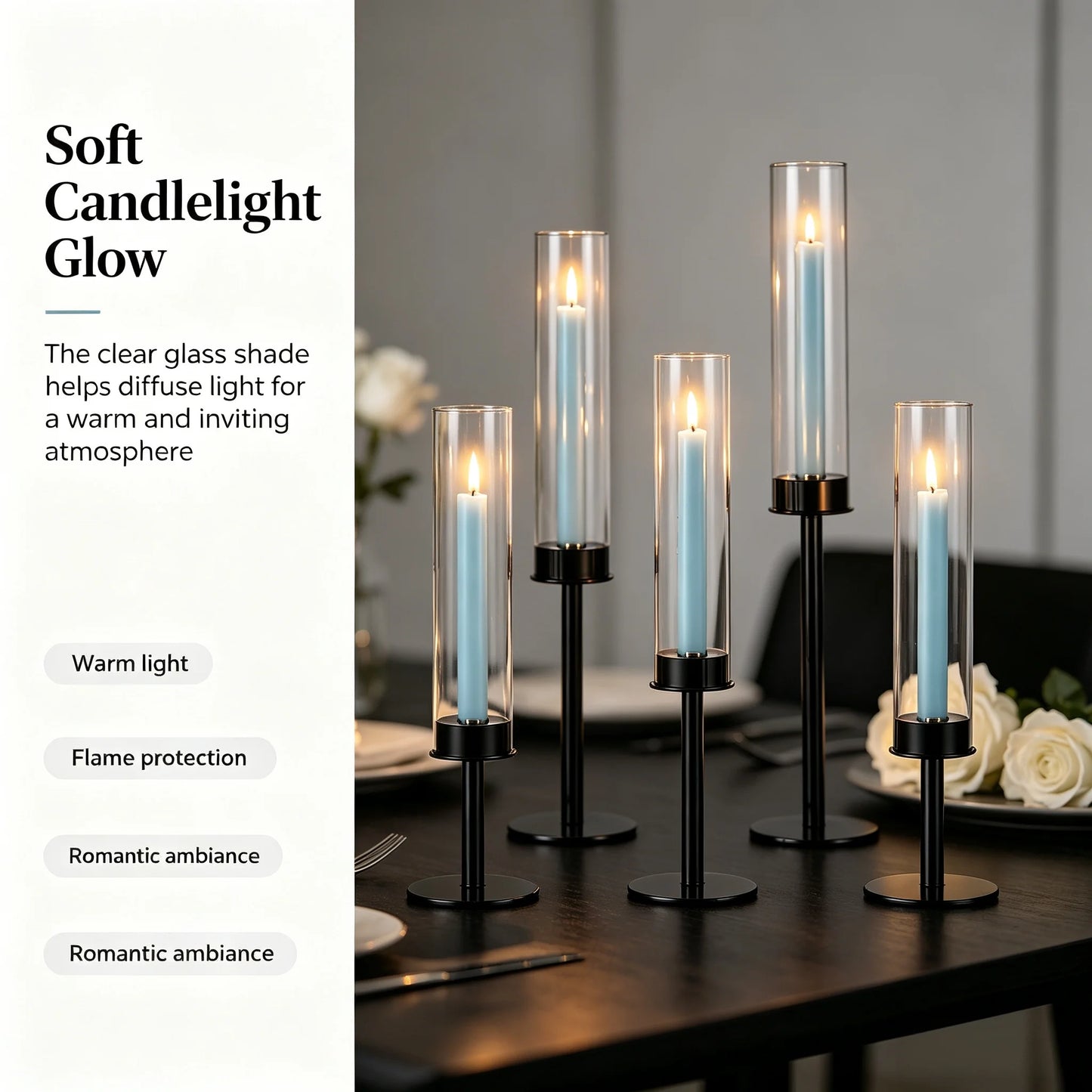 3pcs Black Minimalist Hurricane Candle Holder Set with Stable Base Modern Table Ornament for Dining Table Wedding Indoor Decorat