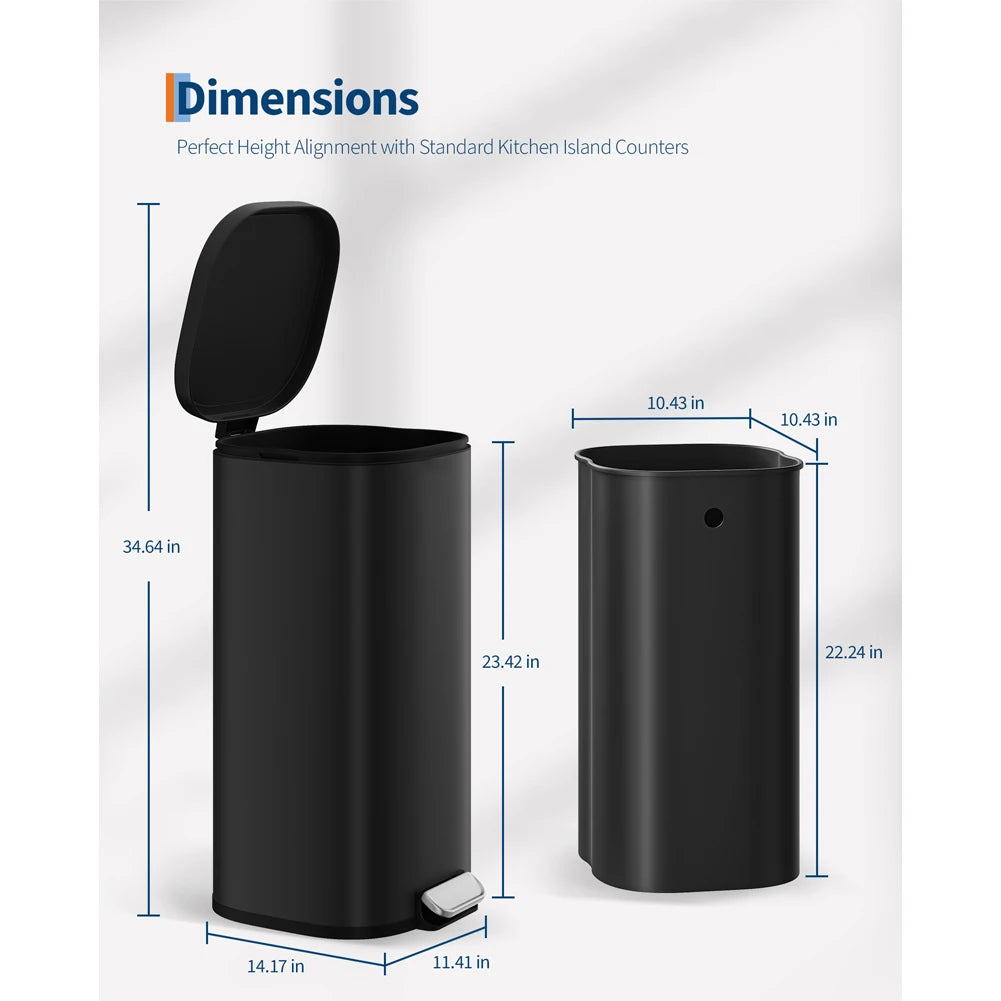 30L 8 Gal Stainless Steel Kitchen Trash Can with Quiet Close Lid, Black | Stainless Steel, Rectangular, Quiet Close Lid, Hands-Free, Step on, Durable, Waterproof, medium size