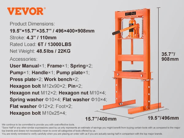 SucceBuy Hydraulic Shop Press 6T H-Frame Hydraulic Garage/Shop Floor Press Shop Press with Press Plates for Garage Shop Workshop