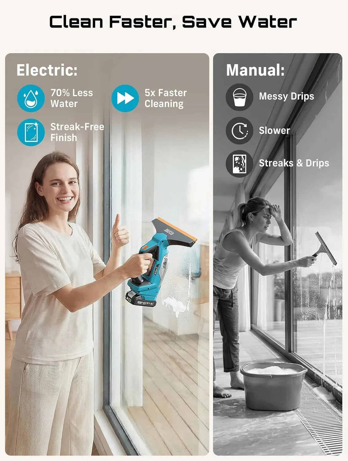 SEESII Cordless Window Vacuum Cleaner 2000PA Suction Power 4.0mAh Battery Windown Spray Cleaning Tool Set with Squeegee Blade for Mirror Glass Countertop Tile