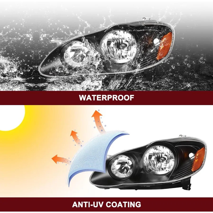 Headlight Assembly for 20032008  Corolla Passenger and Driver Side with Black Housing and Amber Reflector Enhanced Visibility a