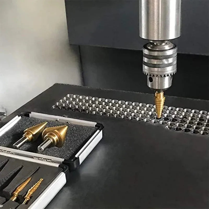 Step Drill Bit Set 5-Piece Titanium-Coated High Speed Steel with Automatic Center Punch for Drilling Sheet Metal Step Drill Bit