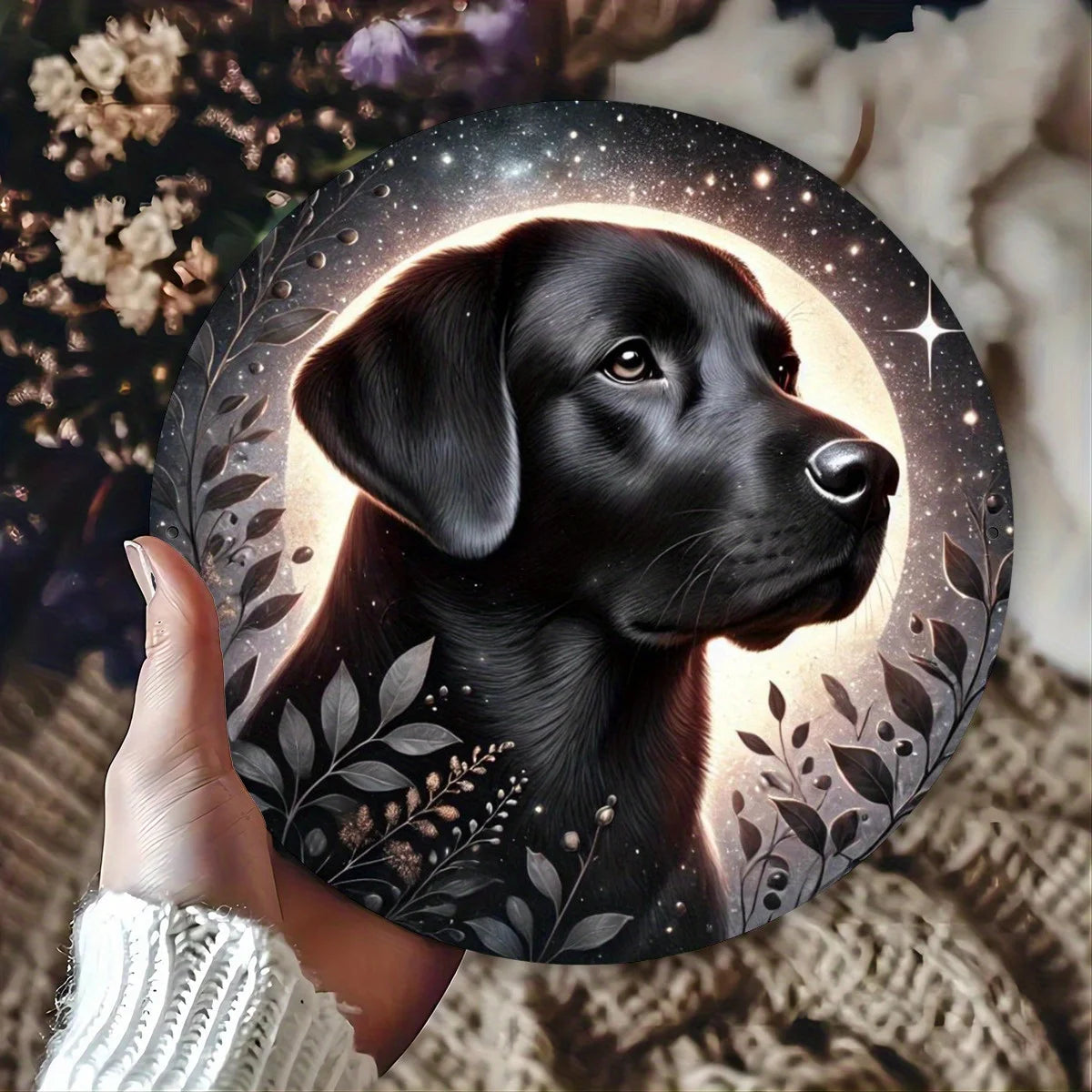 Charming Black Labrador and Kitten 7.8" Round Metal Wall Art - Starry Night Sky Design, Ideal for Home, Garden, Kitchen, Bar, Ca