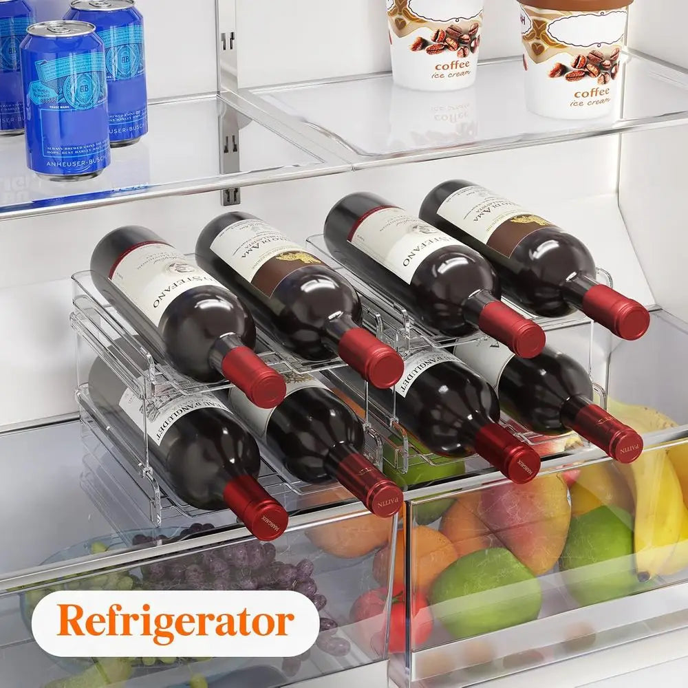 Stackable Plastic Wine Rack for Refrigerator, Cabinet, or Countertop - Holds 4 Bottles, Ideal for Kitchen Storage