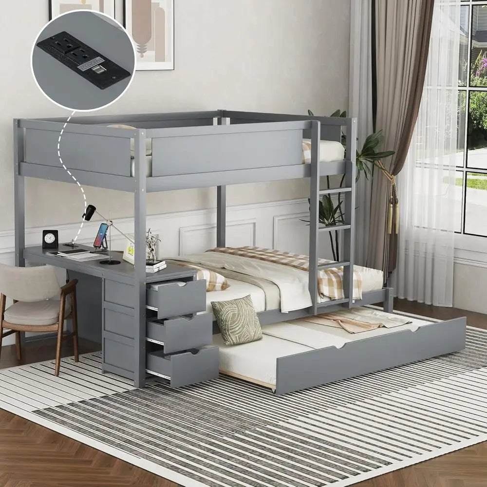 Gray Twin-Size Trundle Bunk Bed with Storage, Desk, and USB Ports