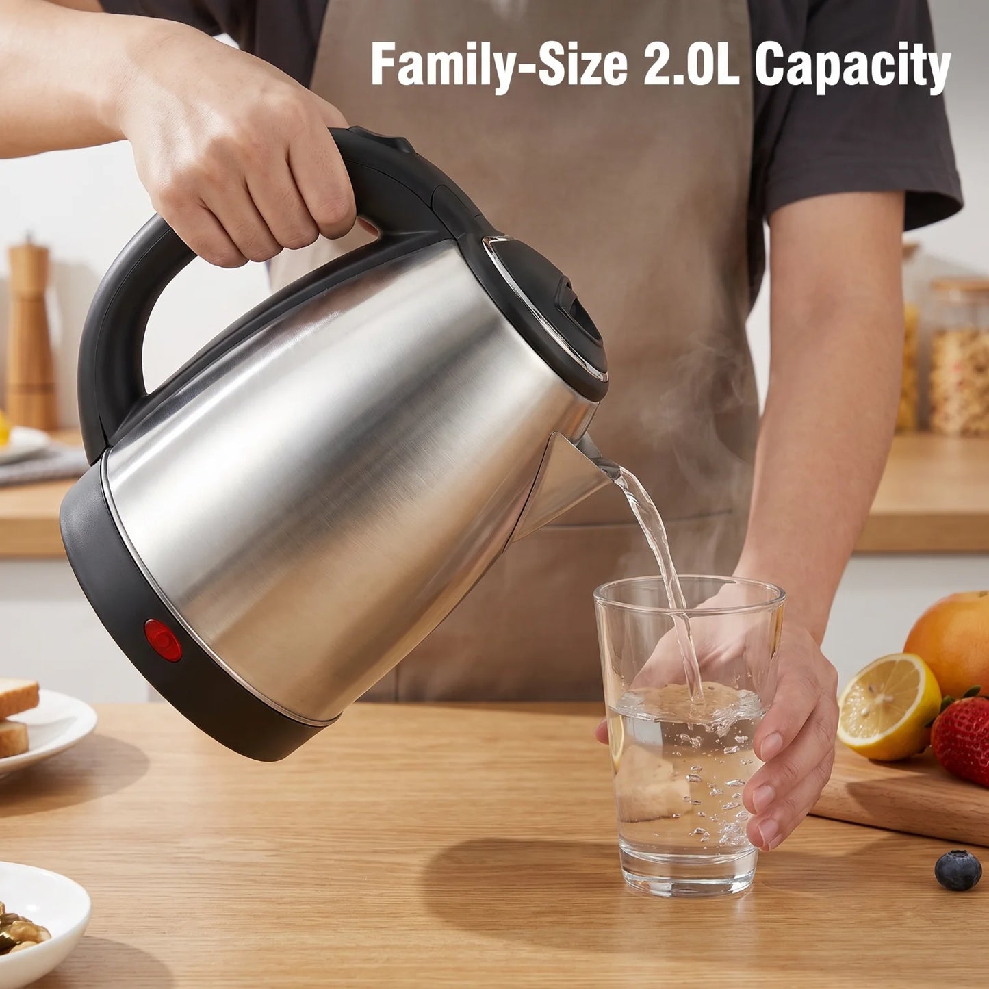 2L Stainless Steel Electric Kettle Fast Boil Water Heater Auto Shut Off Dry Boil Protection 360° Rotating Base BPA Free Household Water Boiler for Home Kitchen