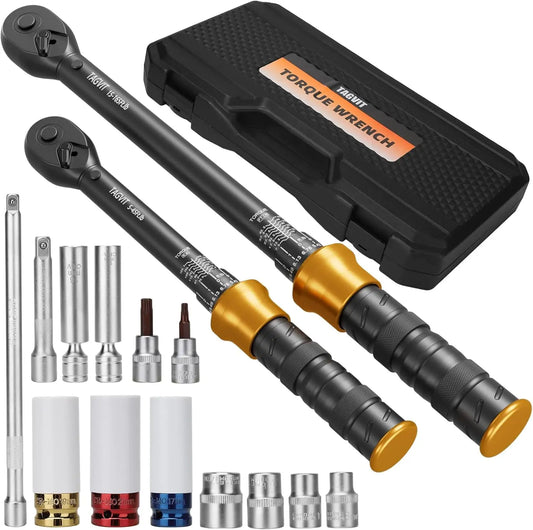 Professional Torque Wrench Set with 15Pcs, 1/2 & 3/8 Drive, 5-45Ft.lb Range, Includes Sockets and Extensions