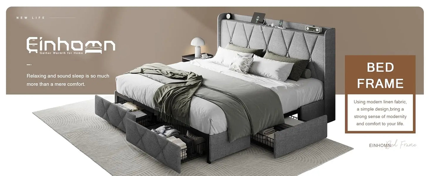 Bed Frame with 4 Storage Drawers and Charging Station Upholstered Platform Bed Frame with Storage Headboard No Box Spring Needed