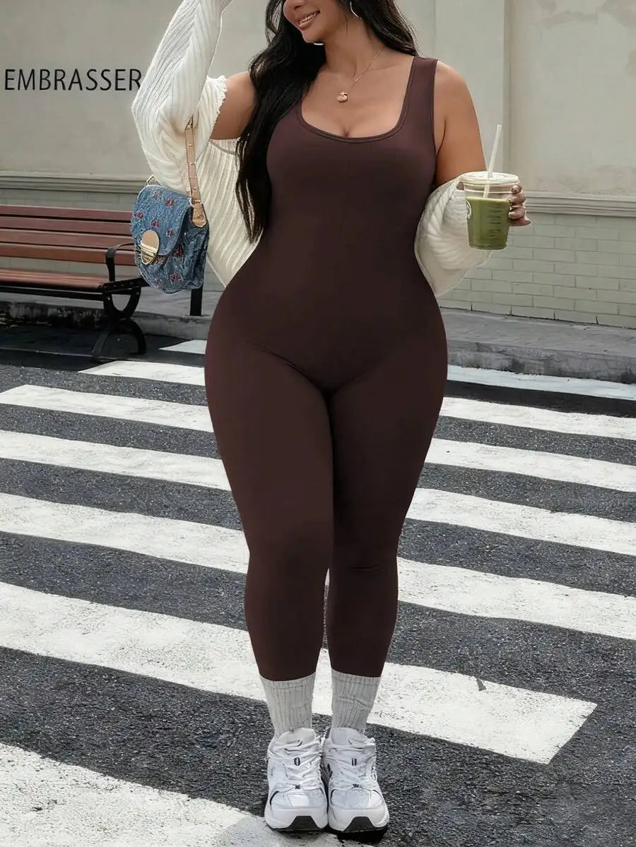 Rhythm Era 1pc Plus Size Black Backless Jumpsuit, Comfortable Stretchy Seamless Knit Yoga & Fitness Activewear