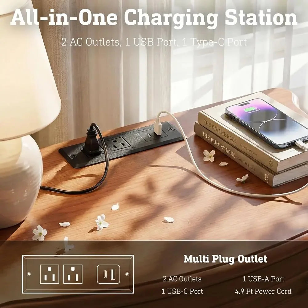 Wide Nightstand w/Charging Station & 2 Ders, Pre-Assembled, Vintage Side Table w/Antique-inished Pulls, Rustic Wood inish, End T