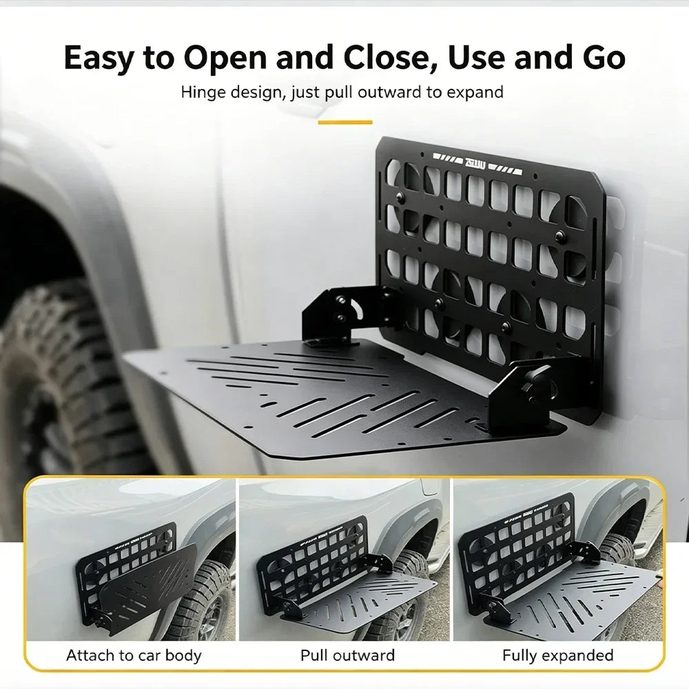 Heavy Duty Metal Foldable MOLLE Car Side Hanging Tray Off-Road SUV Camping Picnic Outdoor Travel Storage Serving Desk Gear Rack