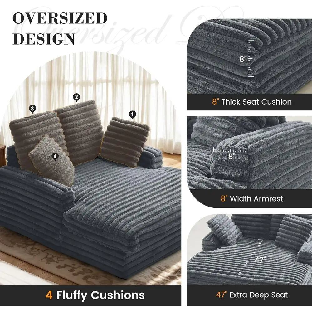 Oversized 58 Chaise Lounge Chair with 4 Striped Pillows, Convertible to Chair Bed, Ideal for Living Room, Bedroom, Playroom, Lig