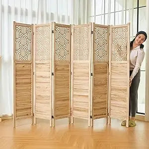 5.6 Ft Room Divider Wood Carved Wall Divider Indoor Folding Portable Partition Screen for Home Office Garden Terrace - 6 Panel