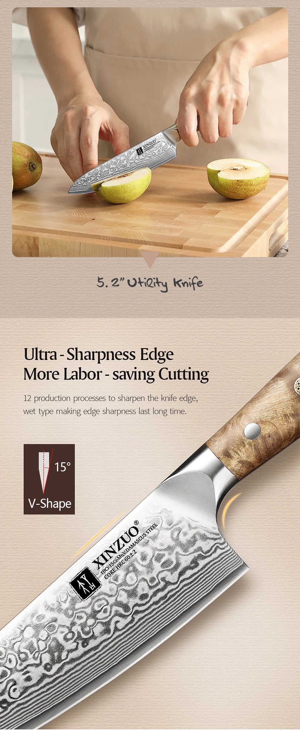 XINZUO 1-3PCS Damascus Steel Knife Set Chef Santoku Utility Knives 67 Layers Super Steel Figured Sycamore Brass Rivets 60HRC