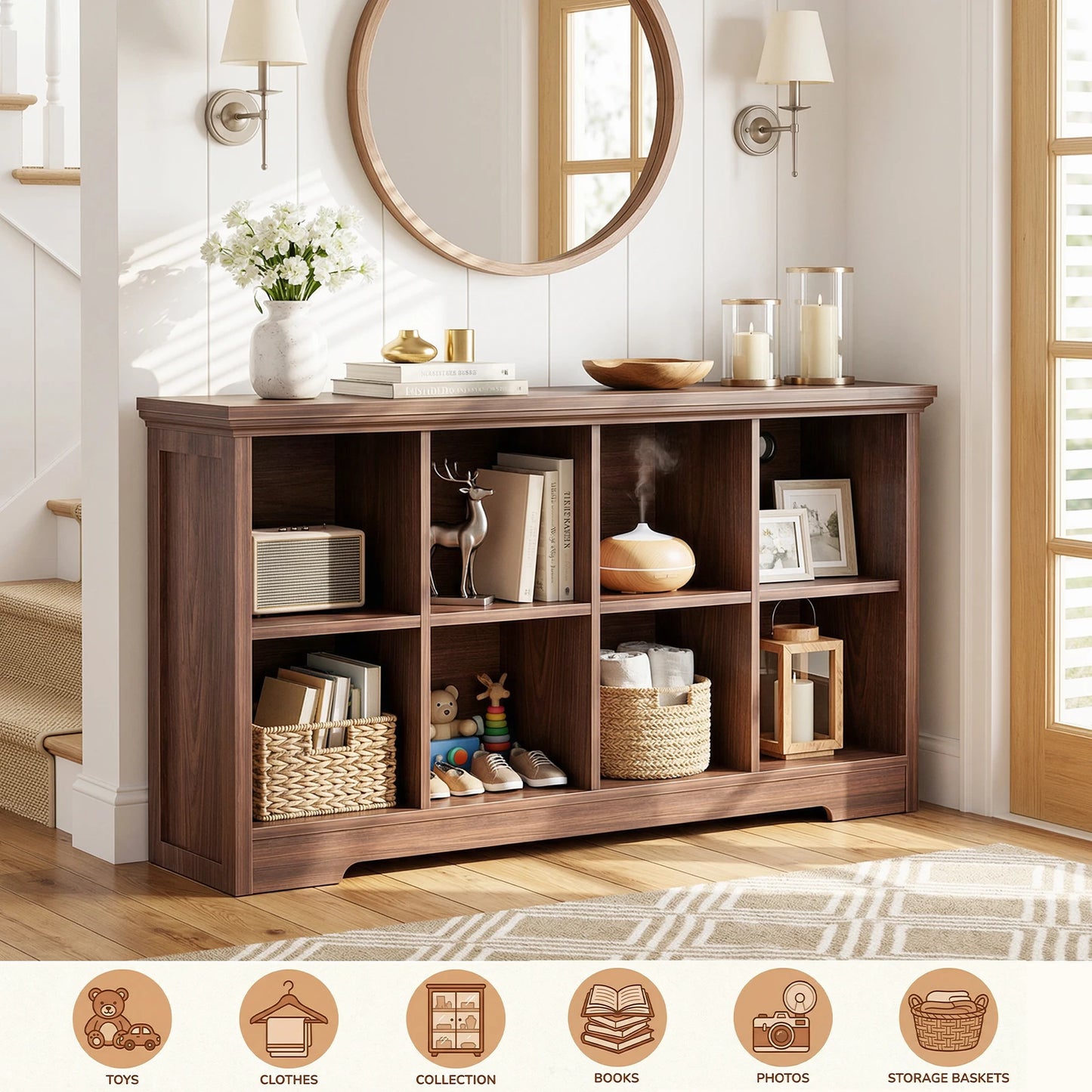 Aheaplus 8‑Cube Storage Organizer with Charging Ports, Modern Bookshelf with 2 AC Outlets & 3 USB Ports, Heavy‑Duty Floor Standing Display Shelf, Open Cubbies Bookcase for Home Office, Living Room – Black Walnut