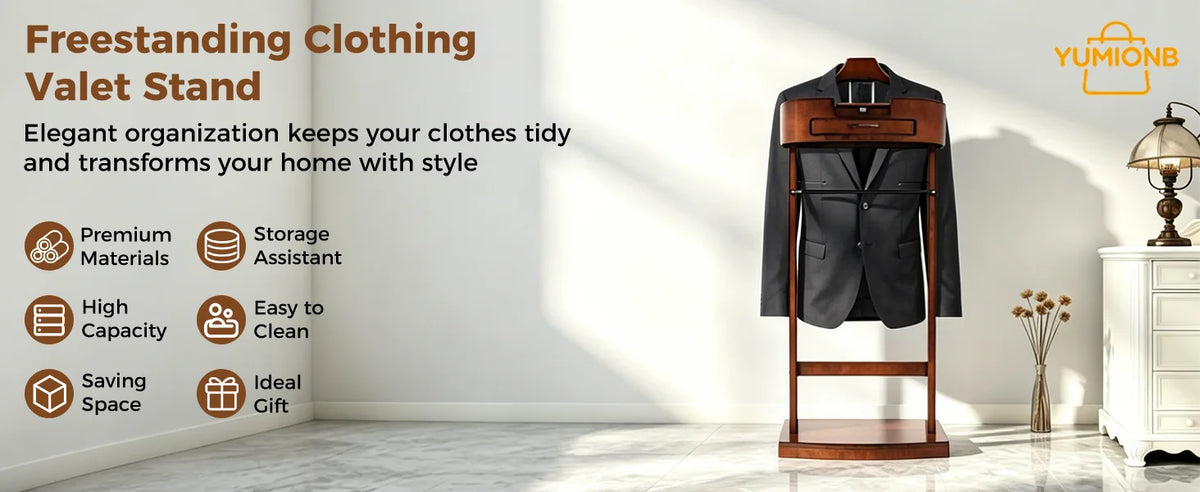 Wood Suit Rack, Freestanding Clothing Valet Stand Clothes Valet Suit Racks Mens Compact Wooden Clothing Valets Stand Rack Organi
