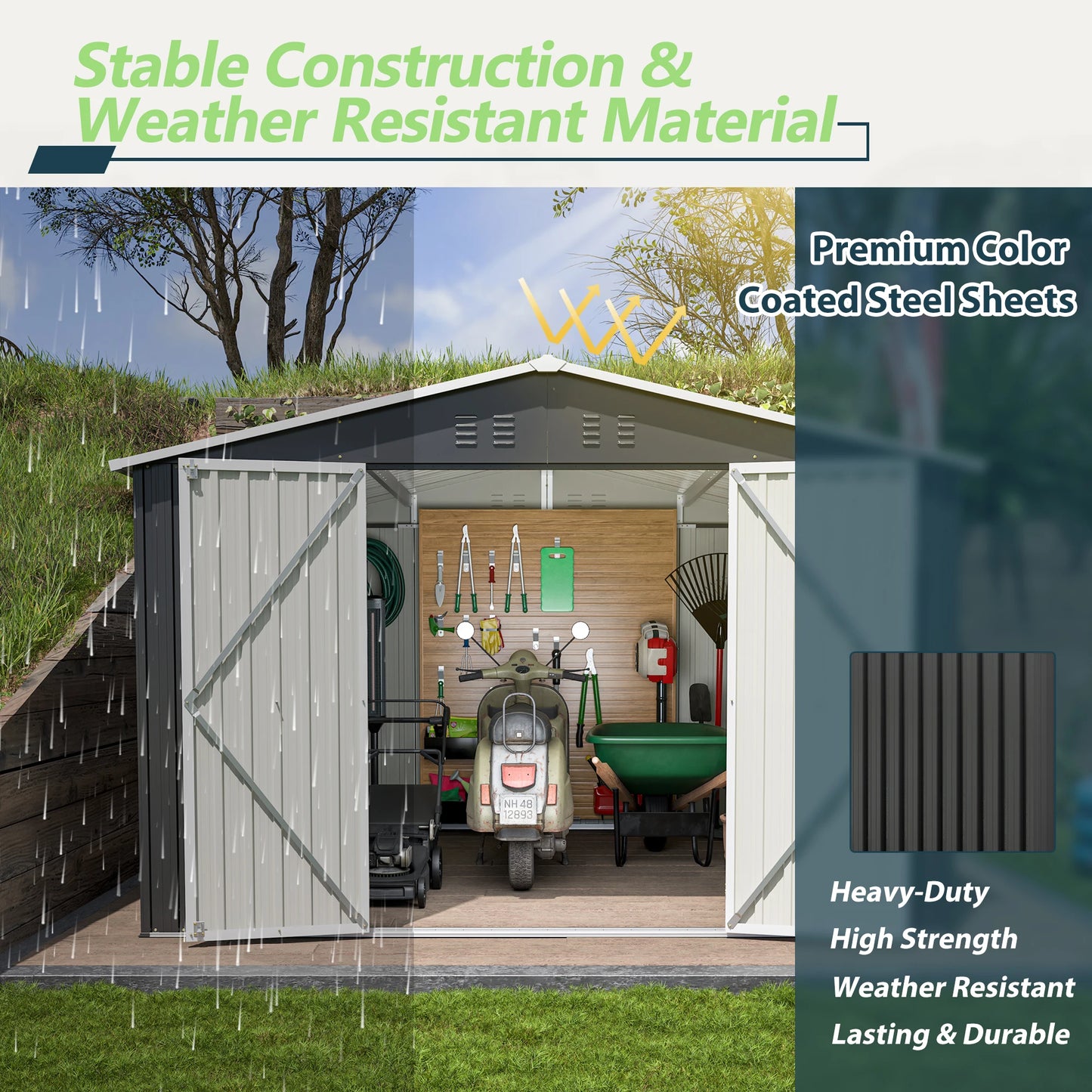 LZBEITEM Outdoor Storage Shed 10x10 FT Utility Metal Tool Storage with Lockable Doors Updated Frame Structure Black