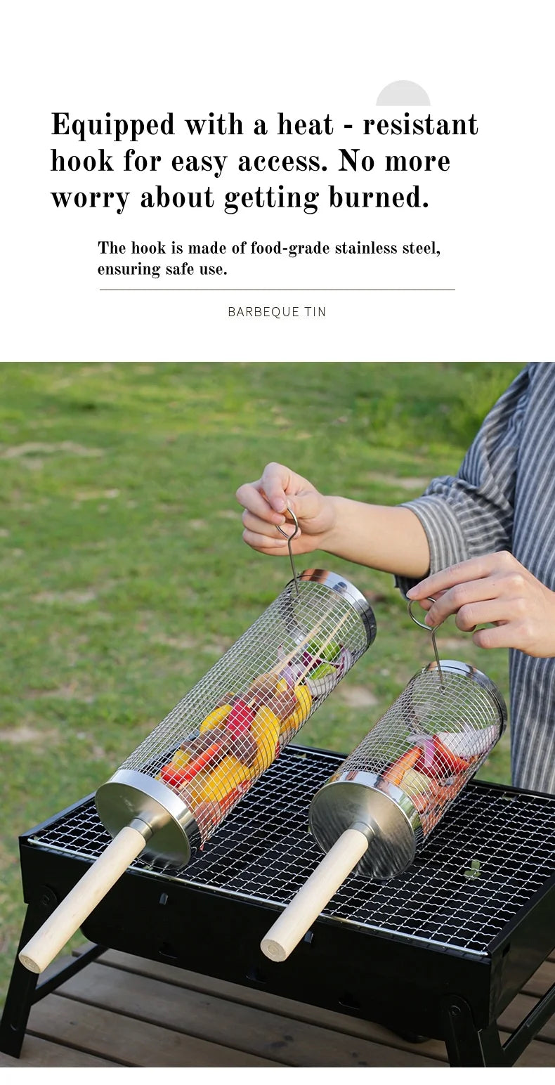 Rolling BBQ Cage with Wooden Handle - Outdoor BBQ Grill Basket | 304 Stainless Steel Grill Cylinder & Grill Net