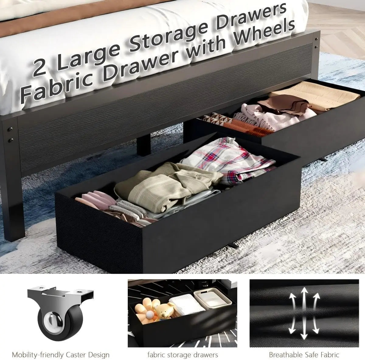 Queen Bed Frame with Charging Station and LED Lights, Grey Upholstered Headboard with Shelves, Metal Platform Bed with 2 Under-Bed Storage (Fabric Drawer on Wheels), No Box Spring Needed