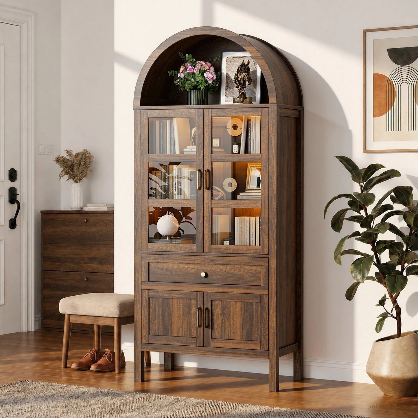 71 Inch Tall Full Wood Arched Storage Cabinet Adjustable Shelves Bookcase with Dimmable LED Lights for Living Room Bedroom