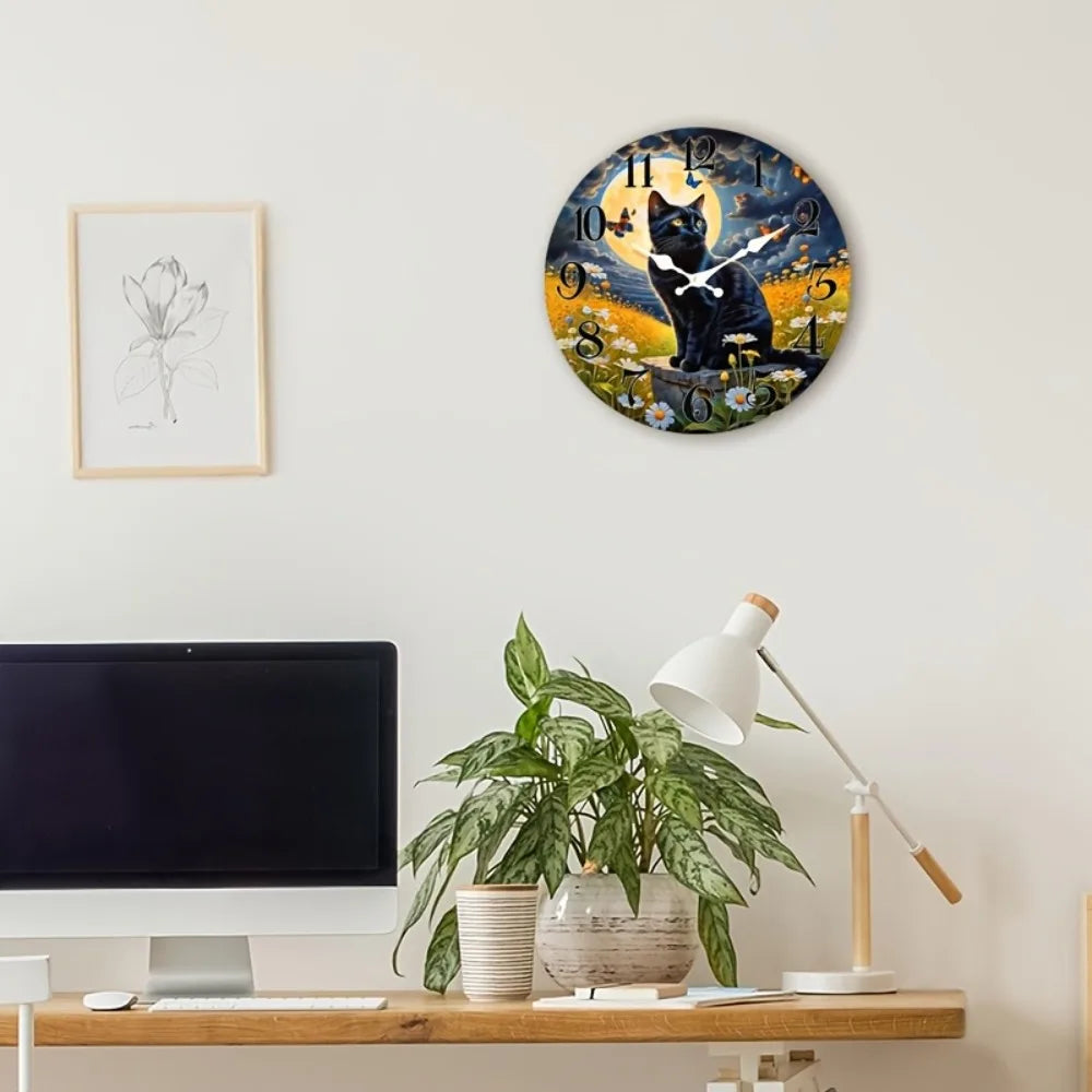 One Pack, Moon and Kitten Scene Silent Wall Clock, Suitable for Home Decor, Gift Giving, AA Battery
