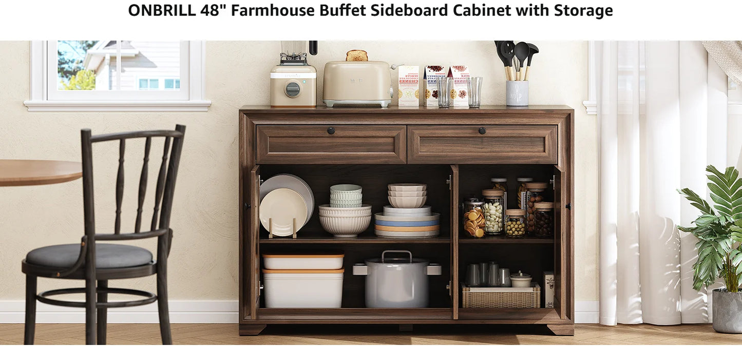 48" Sideboard Storage Cabinet with 2 Drawers + 3 Doors | Wood Coffee Bar Cabinet, Buffet Table Adjustable Shelves Farmhouse Style for Home Kitchen Living Room
