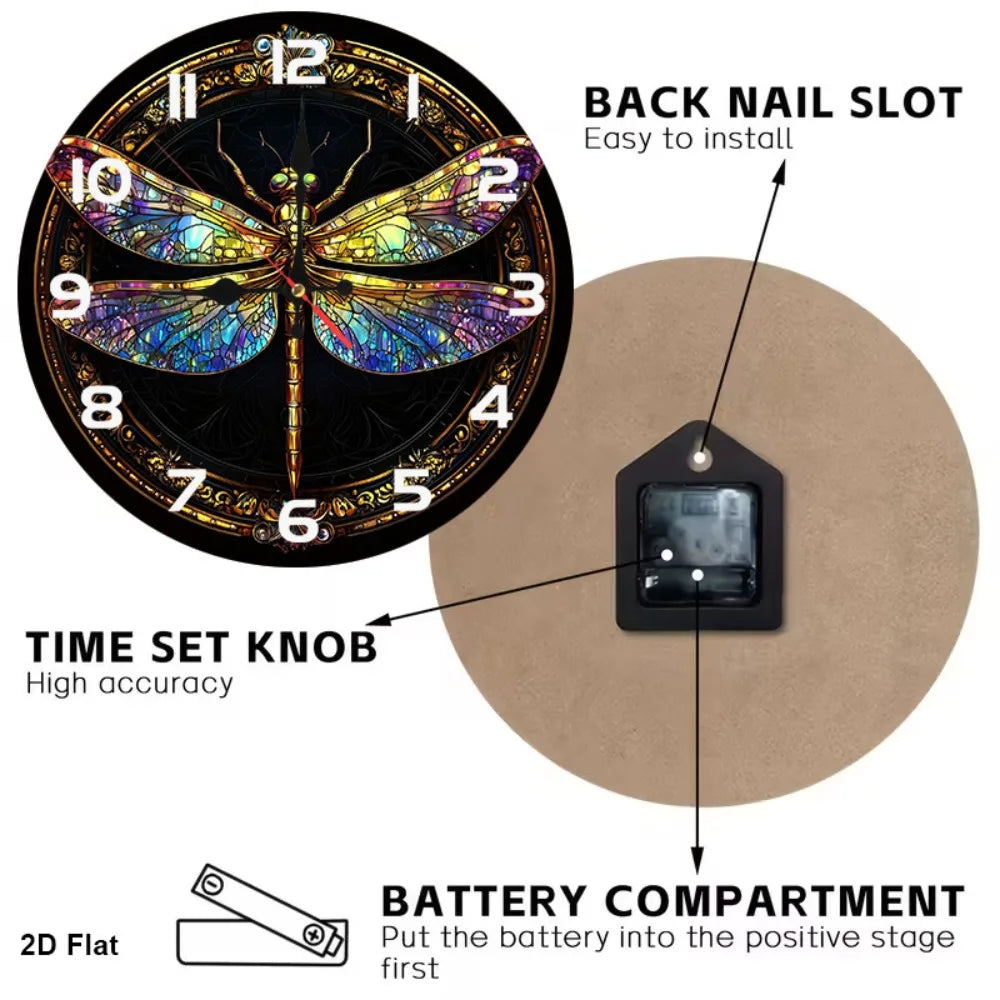 1pc 12-inch Stained Glass Dragonfly Wall Clock - Silent Non-Ticking Battery- Nursery Decor with Wood Frame, Pastel Colors Suitab