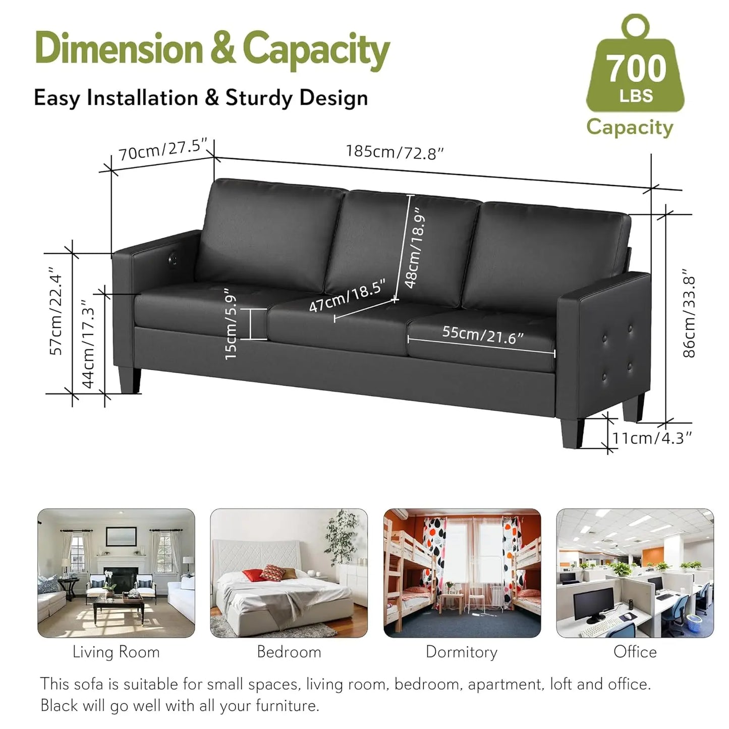 Modern Faux Leather Office Sofa With Tufted Arms USB