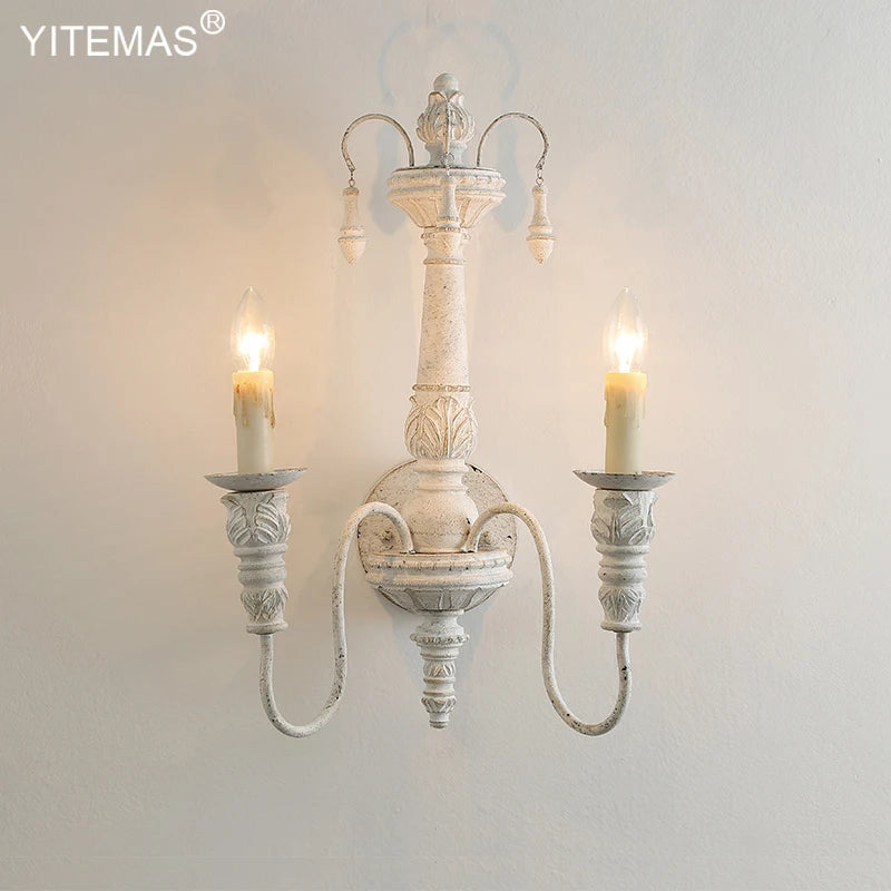 3 Lights Wooden Wall Lamp Retro White Wall Sconce French Country Wall Lights For Living Room Bedroom Stairs Interior Lighting