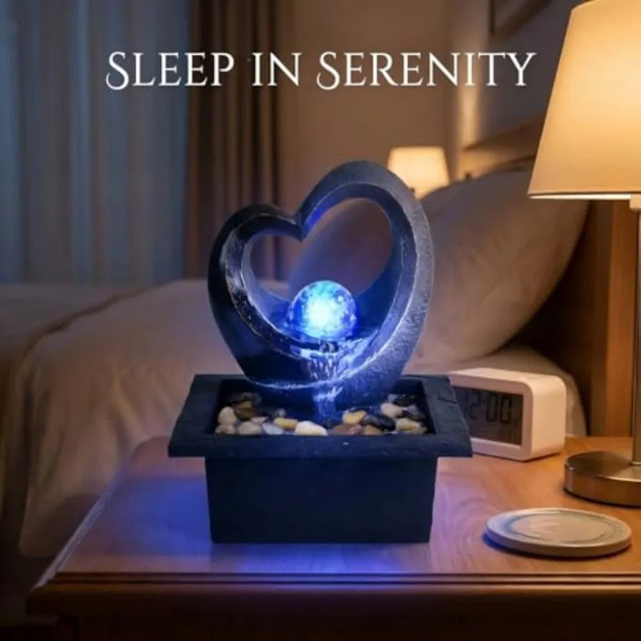 Tabletop Water Fountain Zen Meditation Indoor Waterfall Fountain Heart Shape Decoration with LED Light for Home Office Bedroom