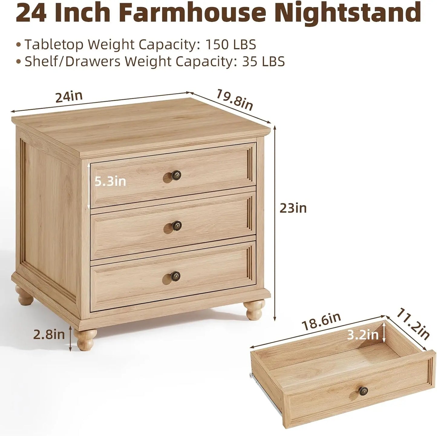 2 Pack Farmhouse 3 Drawer Bedside Cabinet, Wooden End Night Table With Metal Handles 24"W For Indoor Storage