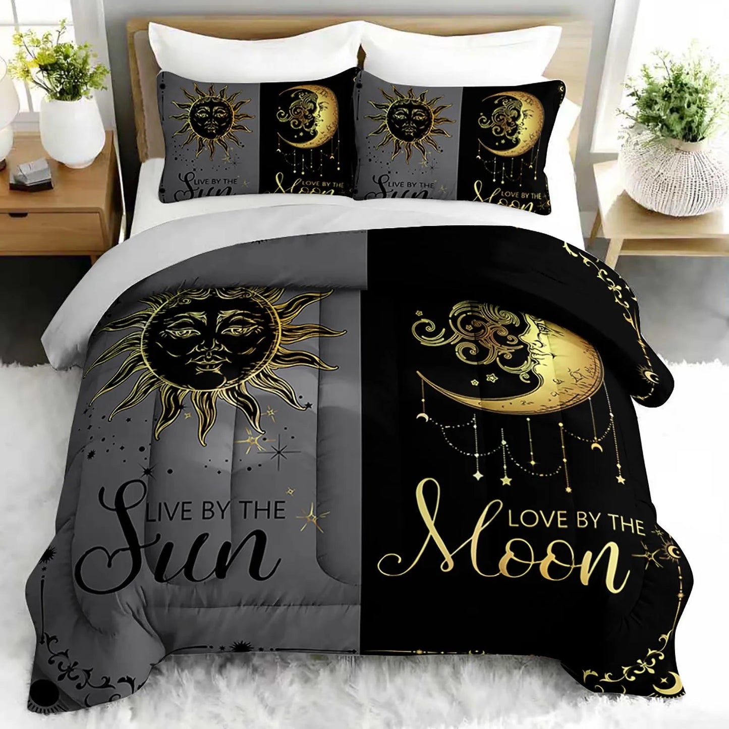 3PC Sun And Moon Celestial Bedding Set Astrology Duvet Cover with 2 Pillowcases Modern Bedroom Guest Room Decor
