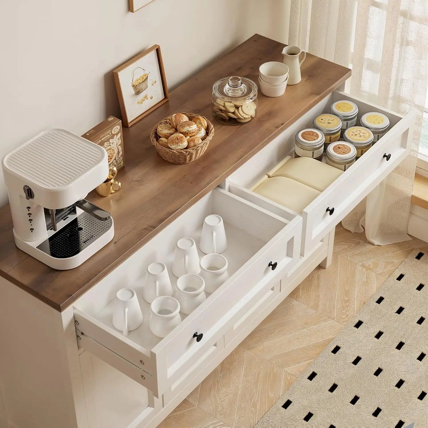 Custom Farmhouse Sideboard Buffet Cabinet, 15.7x55.1x35.3 Inch Storage Cabinet with Drawers and Doors, Multifunctional Coffee Ba