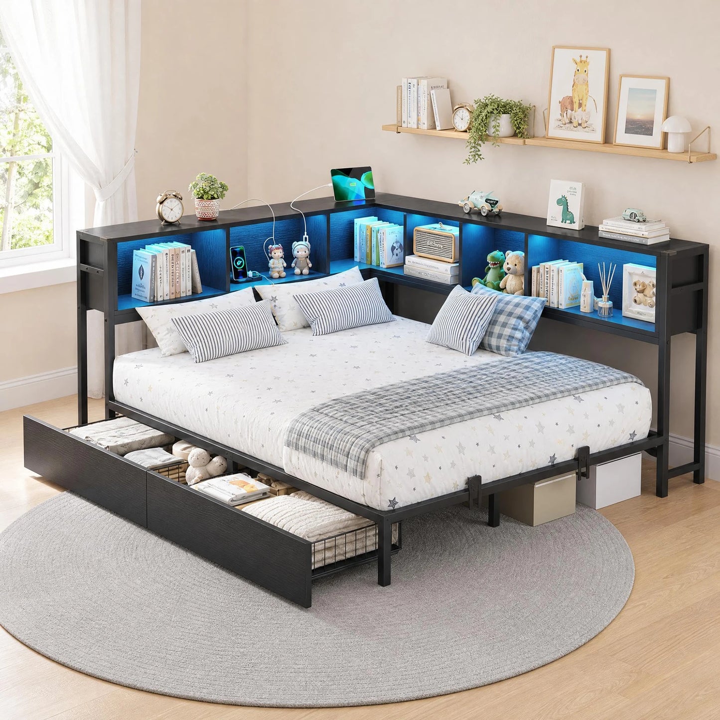 Twin/Full Corner Bed Frame With Bookcase Headboard, RGB LED Lights, 2 Drawers, Charging Station, Reversible, 2 AC 2 USB Ports