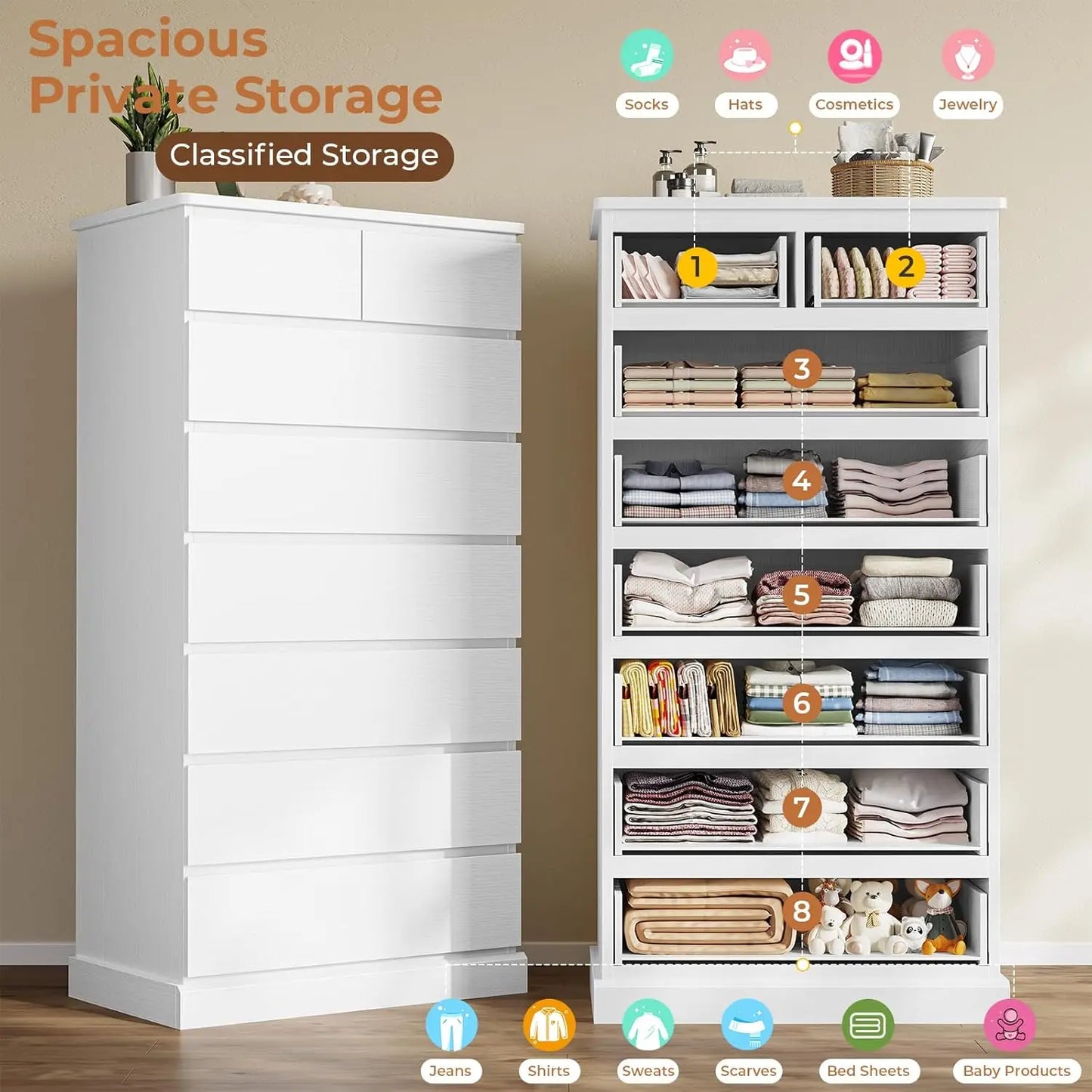 White Tall 8-Drawer Bedroom Dresser 59.6" Modern Wood Closet Organizer Storage Cabinet Large Vertical Hallway, Customized