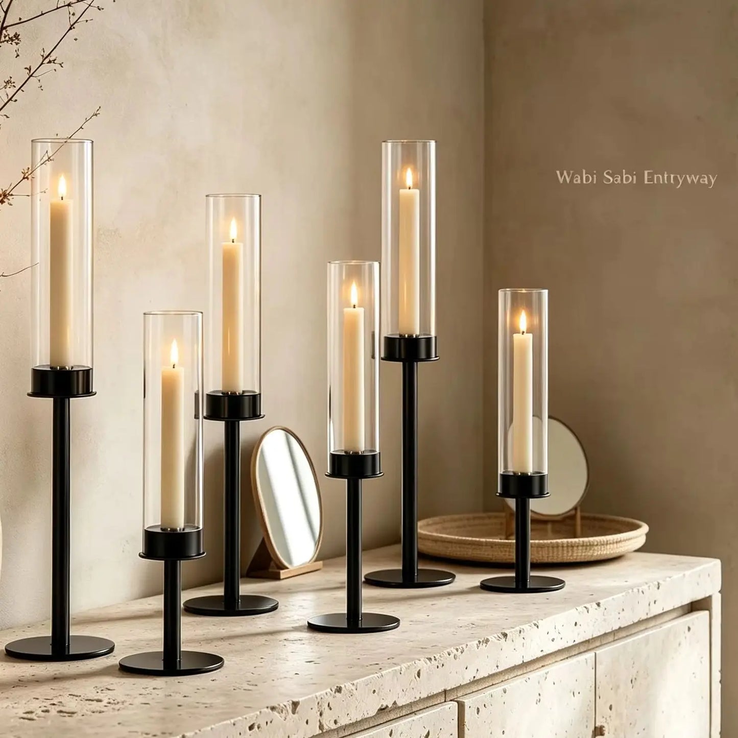 3pcs Black Minimalist Hurricane Candle Holder Set with Stable Base Modern Table Ornament for Dining Table Wedding Indoor Decorat