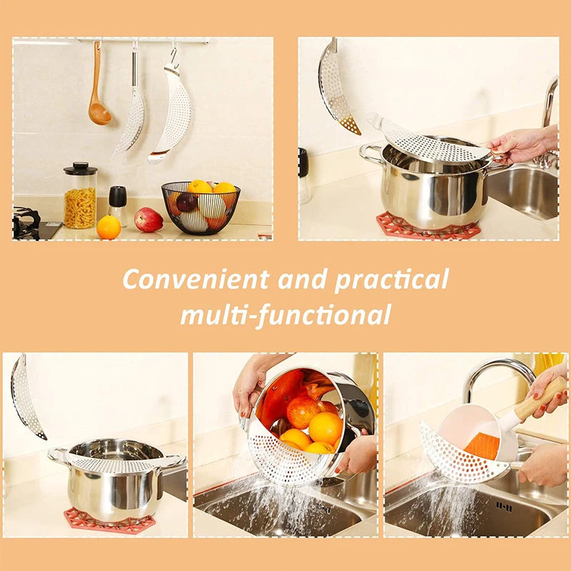 2 Pieces Pot Strainer with Handle Stainless Steel Colander Pasta Drainer Pan Pot Strainer with Recessed Hand Grips Fits up to 9"