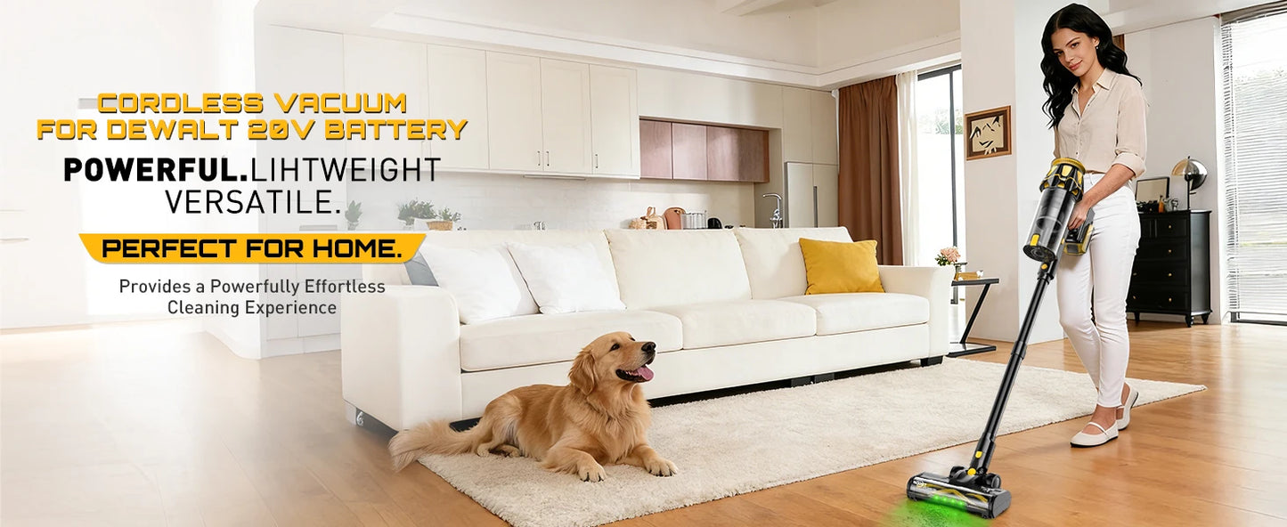 Cordless Stick Vacuum Cleaner Compatible with DeWalt 20V Battery, 45KPa Powerful Suction & 400W Motor, Self-Standing Vacuum for Hard Floors, Carpet and Home Cleaning (Battery Not Included)