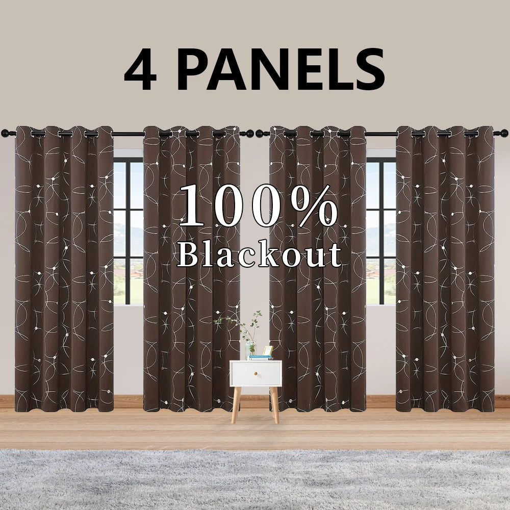 4PCS Blackout Curtains Grommet Thermal Insulated Room Darkening With Circle And Dots Foil Printed