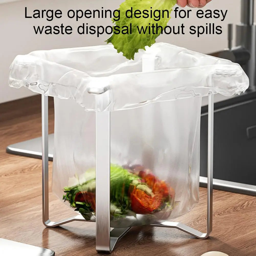 Foldable Garbage Bag Holder Stainless Steel Trash Bag Stand Countertop Waste Bag Support Rack Kitchen Sink Food Scrap Organizer