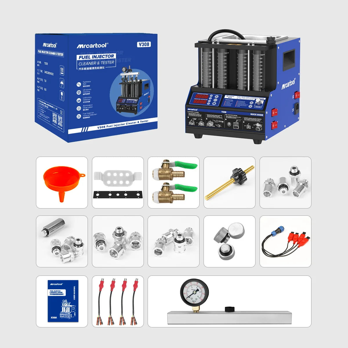 MR CARTOOL V308 4 Cylinders Ultrasonic Cleaning Car Fuel Injector Cleaner&Tester Fuel Injector Cleaner Tester 220V/110V
