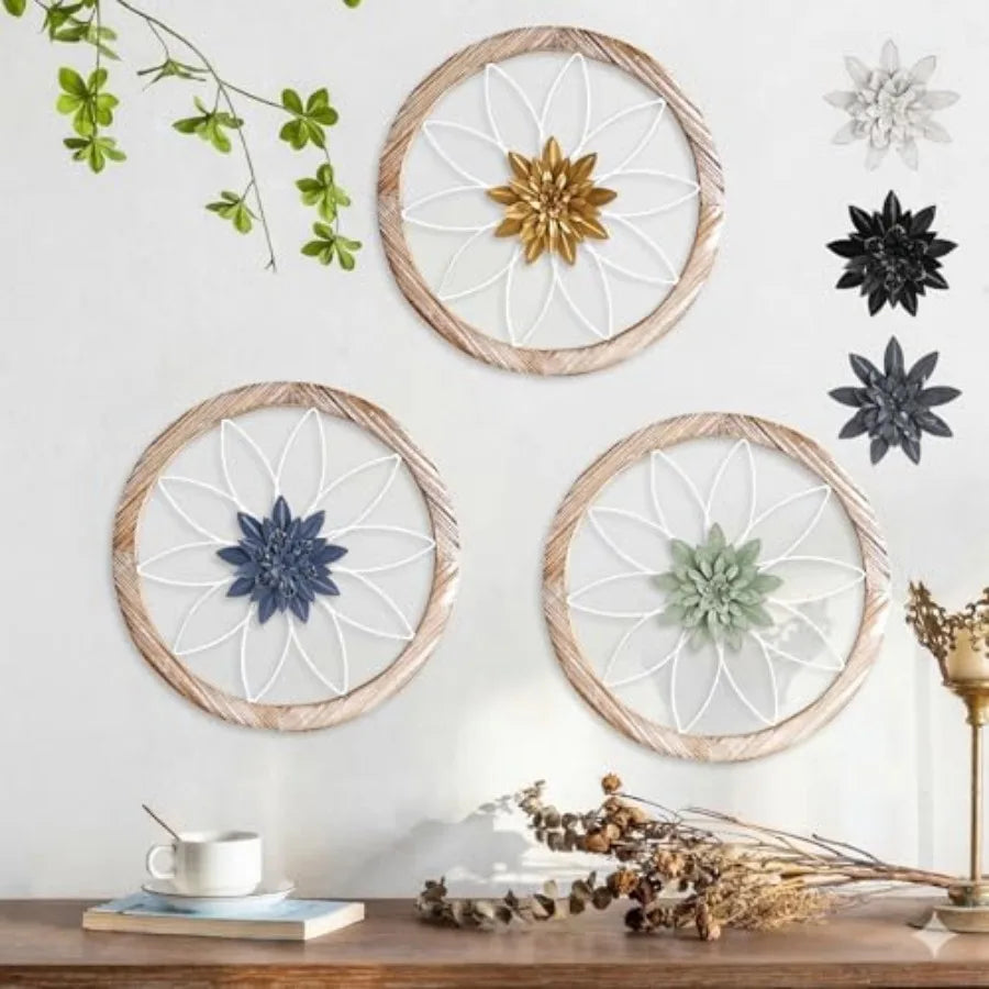 3 Pcs Round Farmhouse Wall Decor with 6 Pcs Interchangeable Flowers 12'' Medallion Wood and Metal Rustic Wall Art for Living Ro