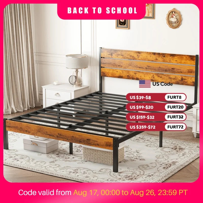 MCQ Wooden Headboard and Metal Platform Bed Frame No Box Spring Needed with 700LBS Sturdy Wooden Slats Support For Home