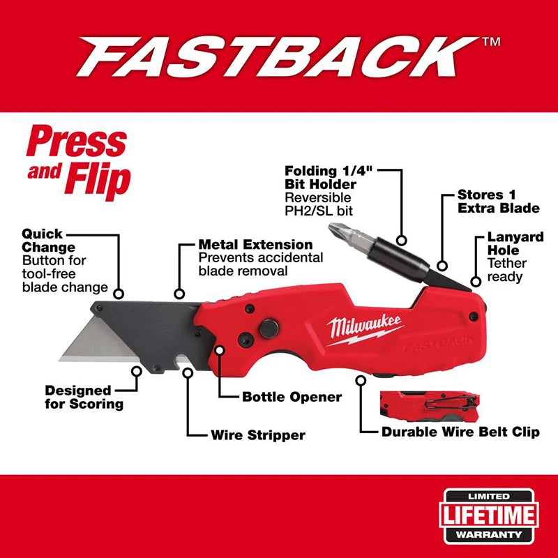 Milwaukee 48-22-1505 FASTBACK 6-in-1 Utility Knife Multi-Tool with Screwdriver Wire Stripper & Bottle Opener