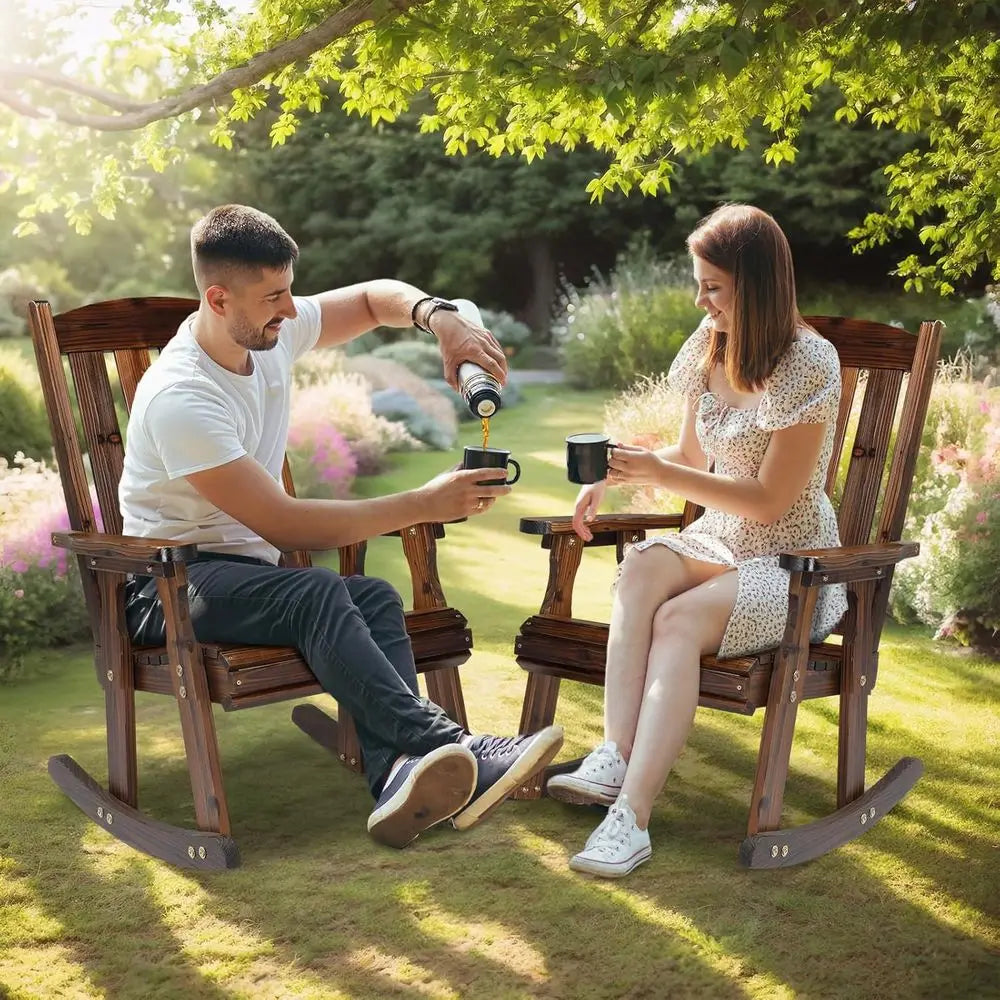 Heavy-Duty 600lbs Wooden Rocking Chair Set, Comfortable Backrest, Weatherproof Outdoor Patio Rockers (Rustic, 2 Pack)
