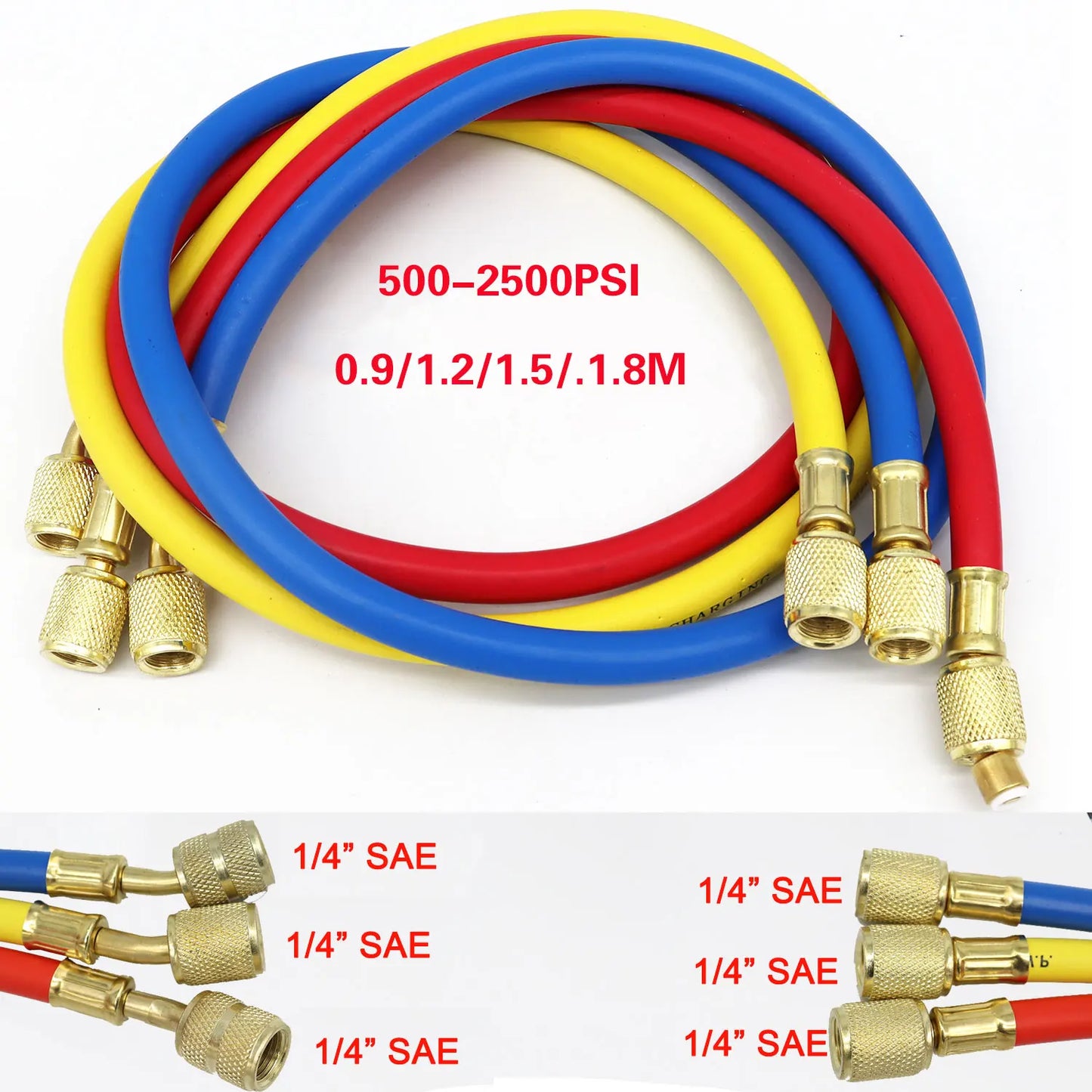 3PCS Refrigerant Charging Hose 500-25000PSI 1/4" Thread Fits for R12 R22 R134A Car Air Conditioning HVAC Charging Manifold Gauge