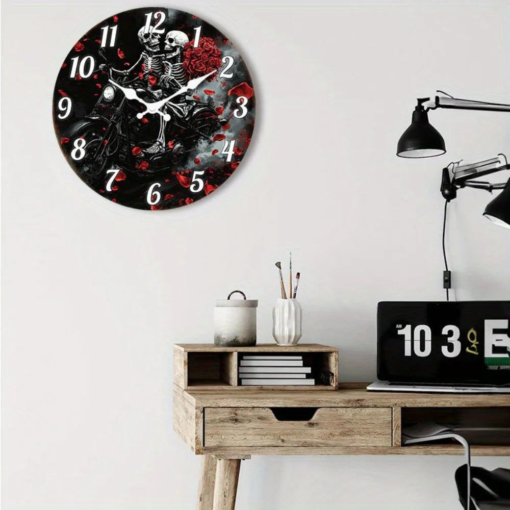 () 1pc Silent Wall Clock Non-Ticking Wooden, Decorative Circular Clock Gothic Motorcycle Skeletons with Roses Design for Bedroom