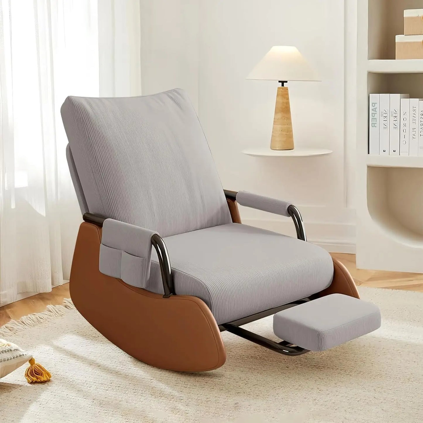 Rocking Chair Nursery, Upholstered Glider Rocking Chair with Side Pocket and Adjustable High Backrest, Foldable, Customized